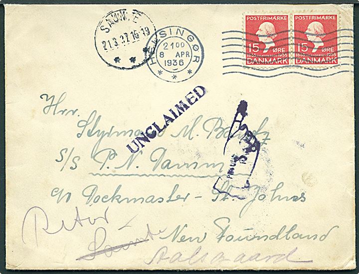15 øre H. C. Andersen i parstykke på brev fra Helsingør d. 8.4.1936 til styrmand ombord på S/S P.N.Damm i St. Johns, Newfoundland. Returneret som ej afhentet til Aalsgaarde. God destination.