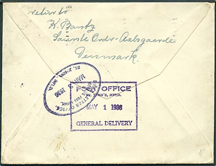 15 øre H. C. Andersen i parstykke på brev fra Helsingør d. 8.4.1936 til styrmand ombord på S/S P.N.Damm i St. Johns, Newfoundland. Returneret som ej afhentet til Aalsgaarde. God destination.