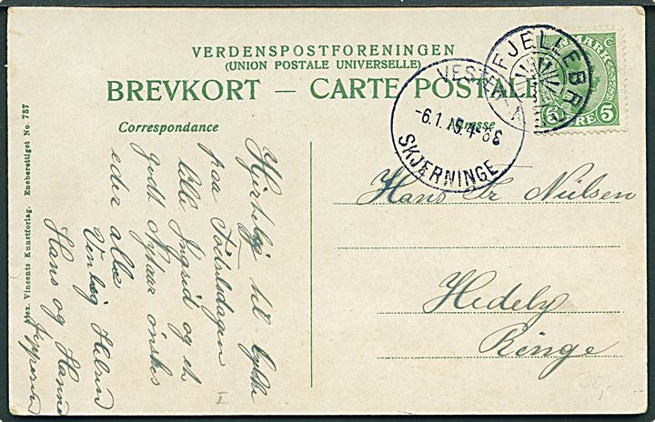 5 øre Chr. X på brevkort annulleret med stjernestempel FJELLEBROEN og sidestemplet Vester-Skjerninge d. 6.1.1915 til Ringe.