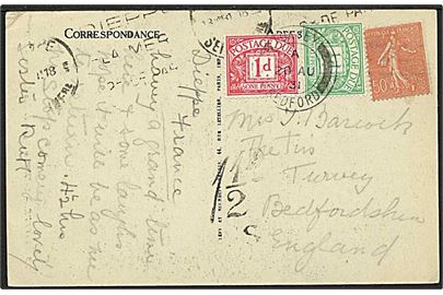 Fransk 50 c Såerske single på underfrankeret brevkort fra Dieppe 1931 d. 18.8.1931 til Tursey, England. Påsat ½d og 1d Portomærker.