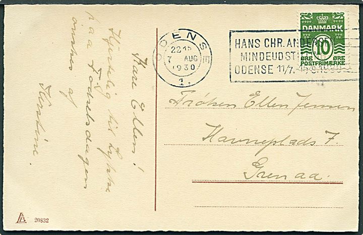 10 øre Bølgelinie på brevkort annulleret med TMS Odense 1. / Hans Chr. Andersen Mindeudstilling Odense 11/7.-15/8. 1930 til Grenaa.