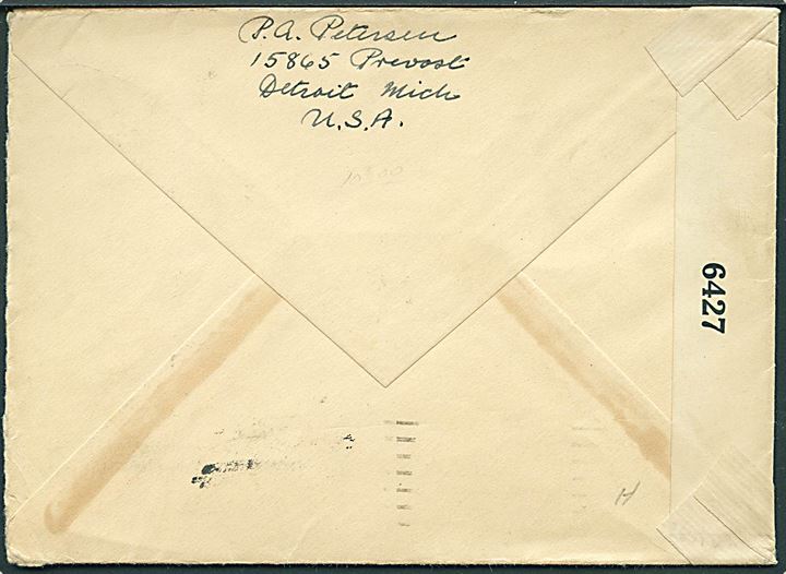 5 cents Monroe og Julemærke 1941 på brev fra Detroit d. 1.12.1941 til Kolding, Danmark. Åbnet af amerikansk censur no. 6427 og returneret med maskinstempel Return to Sender / Service Suspended fra New York d. 29.7.1942.