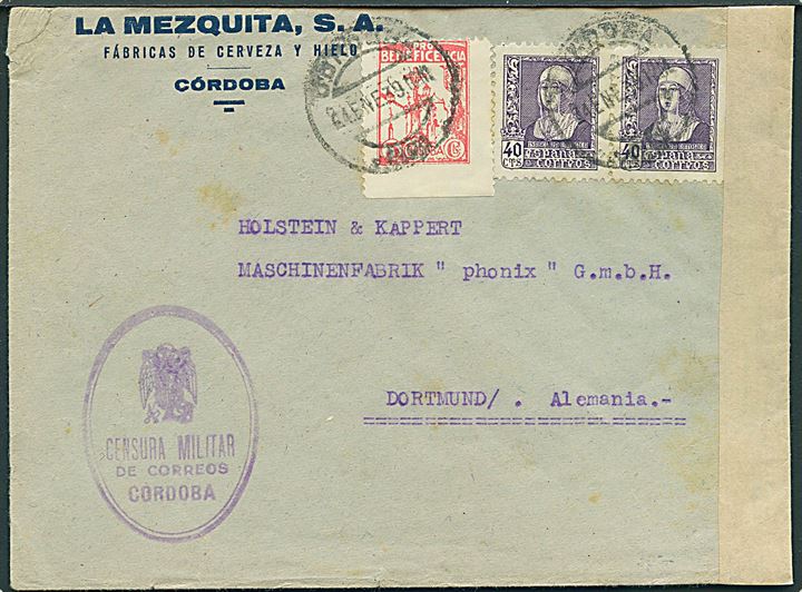 40 cts. Isabel (par) og 5 cts. Cordoba velgørenhed på brev fra Cordoba d. 21.1.1939 til Dortmund, Tyskland. Lokal spansk borgerkrigscensur fra Cordoba.
