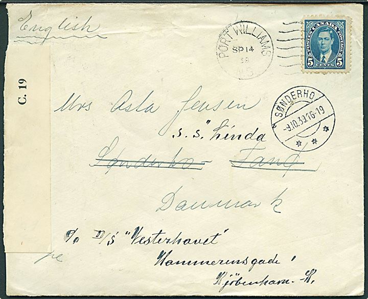 5 cents George VI på brev fra Port Williams d. 14.9.1939 til Sønderho, Fanø, Danmark - eftersendt til S/S Linda via rederiadresse i København. Sendt fra sømand ombord på S/S Linda. Åbnet af tidlig canadisk censur C.19.