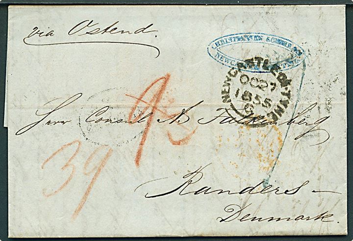 1855. Portobrev fra Newcastle on Tyne d. 27.10.1855 via K.D.O.P.A. Hamburg til Randers, Danmark. Påskrevet: via Ostend. Flere portopåtegninger.