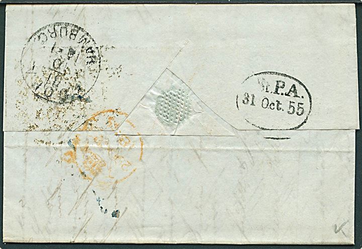 1855. Portobrev fra Newcastle on Tyne d. 27.10.1855 via K.D.O.P.A. Hamburg til Randers, Danmark. Påskrevet: via Ostend. Flere portopåtegninger.