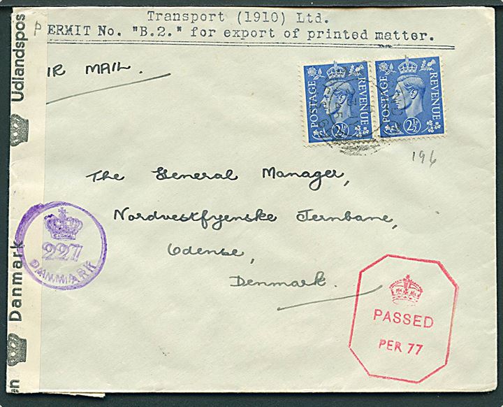 2½d George VI i parstykke på luftpostbrev fra London d. 23.7.1945 til Odense, Danmark. Britisk censur (krone)/Passed PER 77 og åbnet af dansk efterkrigscensur (krone)/227/Danmark.