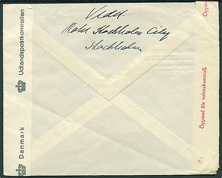 20 öre Gustaf på brev fra Stockholm d. 18.9.1945 til Hellerup, Danmark. Åbnet af svensk valutakontrol og dansk efterkrigscensur med stempel (krone)/504/Danmark. Sendt fra Admiral Vedel.
