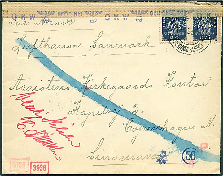 1$75 i parstykke på luftpostbrev fra Lissabon d. 3.4.1943 til København, Danmark. Åbnet af tysk censur i München med tydelige spor efter kemisk censur.