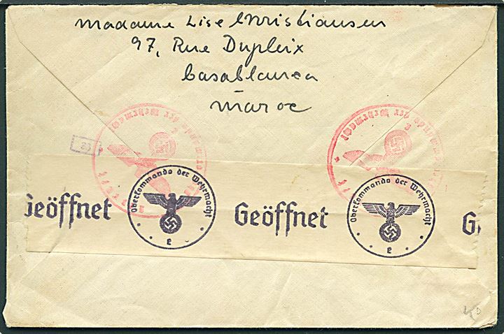 30 c. på brev sendt undercover eller via diplomatiske kanaler fra Casablanca, Marokko stemplet Bern d. 7.4.1941 til København, Danmark. Tysk censur fra Frankfurt. 