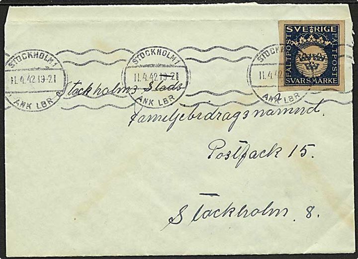 Fältpost Svarmärke anvendt som frankering på lokal brev i Stockholm d. 11.4.1942.