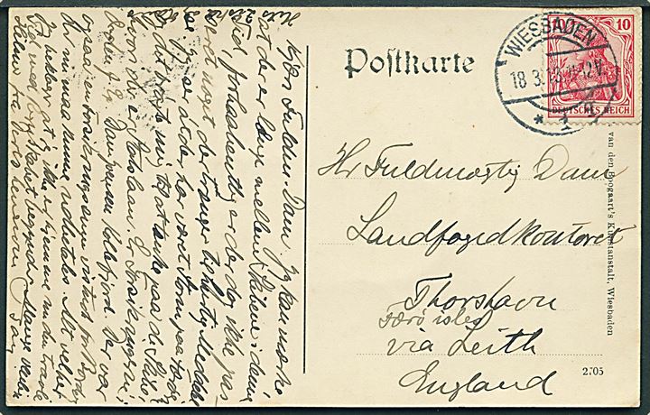 10 pfg. Germania på brevkort fra Wiesbaden d. 18.3.1913 til Thorshavn dirigeret: Faroe Islands, via Leith, England.