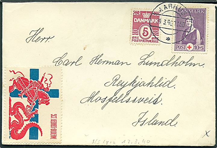 5 øre Bølgelinie og 10+5 øre Røde Kors på brev fra Aarhus d. 14.3.1940 til Reykjavik, Island. Befordret med norsk skib S/S Lyra. Uden spor efter britisk censur.