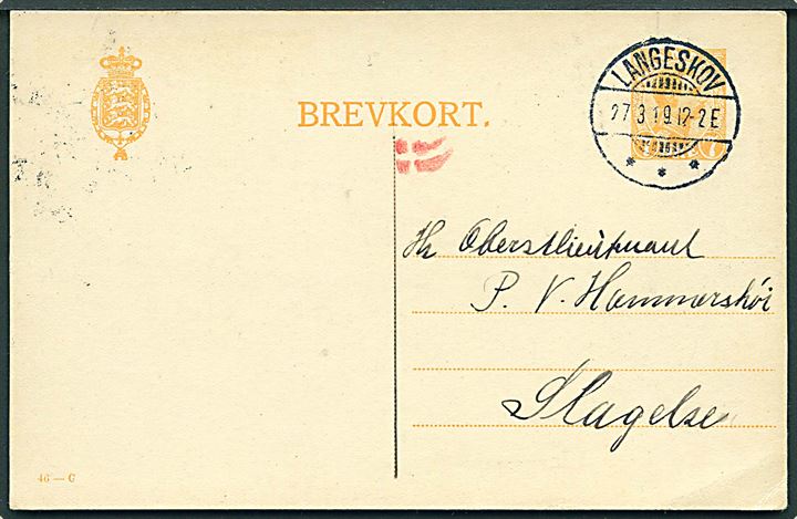 7 øre Chr. X helsagsbrevkort (fabr. 46-C) annulleret med brotype Ia Langeskov d. 27.3.1919 til Slagelse.