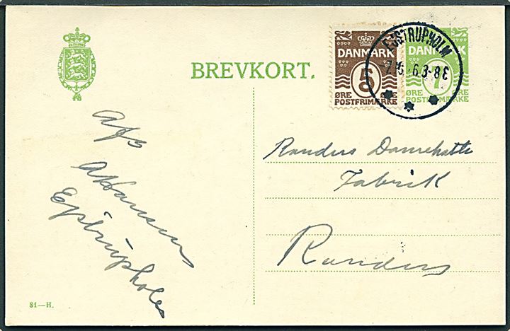 7 øre helsagsbrevkort (fabr. 81-H) opfrankeret med 5 øre Bølgelinie annulleret med brotype IIIb Ejstrupholm d. 7.10.1926 til Randers.