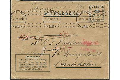 Militärbrev m. svarmærke fra Karlskrona d. 25.3.1941 til Stockholm.