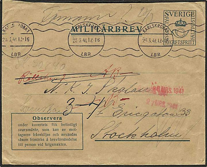 Militärbrev m. svarmærke fra Karlskrona d. 25.3.1941 til Stockholm.