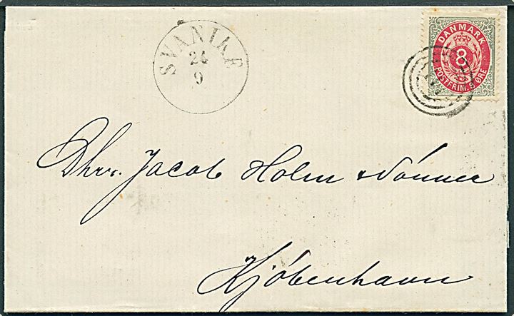 8 øre Tofarvet på brev annulleret med nr.stempel 111 og sidestemplet antiqua Svaneke d. 24.9.1875 til Kjøbenhavn. 