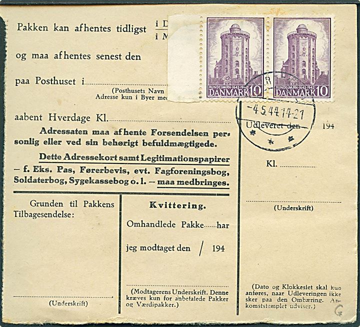 10 øre Rundetårn (6) på for- og bagside af Adressekort for pakke fra Kjøbenhavn V. d. 5.4.1944 til Knarreborg.