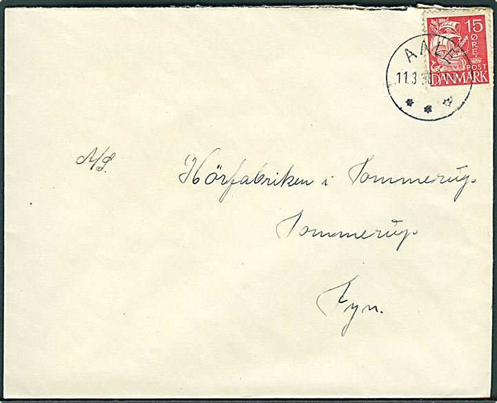 15 øre Karavel på brev annulleret med pænt brotype IIIc Aale d. 11.3.1938 til Tommerup.