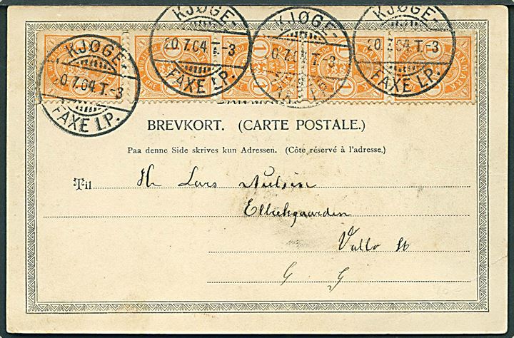 1 øre Våben (5) på brevkort (Vallø slot pr. Køge) annulleret med bureaustempel Kjøge - Faxe Lp. T.3 d. 20.7.1904 til Vallø.
