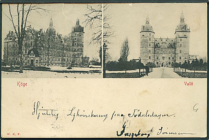 1 øre Våben (5) på brevkort (Vallø slot pr. Køge) annulleret med bureaustempel Kjøge - Faxe Lp. T.3 d. 20.7.1904 til Vallø.