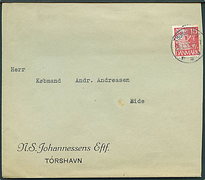 15 øre Karavel på brev stemplet Thorshavn d. 20.1.1939 til Eide. Afkortet i højre side.