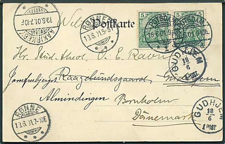 5 pfg. Germania Reichpost (2) på brevkort fra Potsdam d. 16.6.1901 til Gudhjem, Bornholm. Eftersendt med stempler fra Gudhjem, Rønne og Aakirkeby.