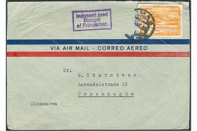 Peru 1,50 s. på luftpostbrev fra Lima d. x.12.1938 til København. Violet rammestempel: Indgaaet med Mangel af Frimærke.