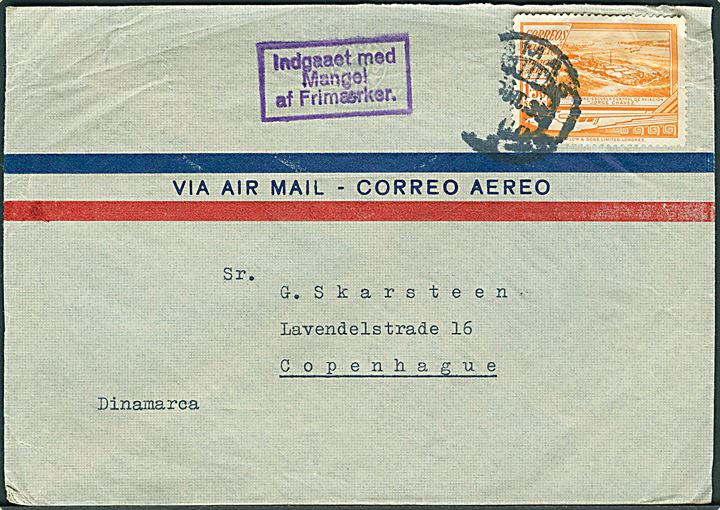 Peru 1,50 s. på luftpostbrev fra Lima d. x.12.1938 til København. Violet rammestempel: Indgaaet med Mangel af Frimærke.