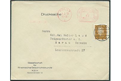 4 pfg. frankostempel på tryksag fra Köln d. 4.3.1933 opfrankeret med 3 pfg. Ebert stemplet Köln d. 6.3.1933 til Aarau, Schweiz.