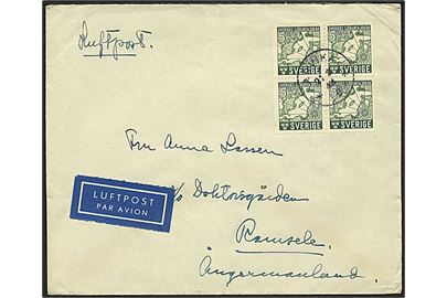5 öre Sjökort (3-sider takket) i fireblok på indenrigs luftpostbrev fra Arvika d. 21.3.1944 til Ramsele.