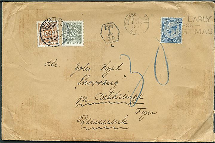 Engelsk 2½d George V på underfrankeret brev fra London d. 11.12.1931 til Beldinge, Danmark. Udtakseret i porto med 10 øre og 20 øre Portomærke annulleret med brotype Ia Beldringe d. 14.1.1931.