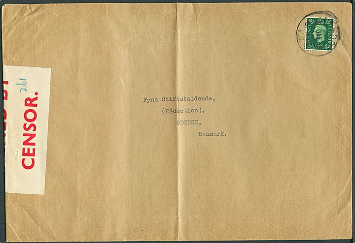 ½d George VI single på stor tryksag fra London d. 3.1.1940 til Odense, Danmark. Åbnet af tidlig britisk censur med rød PC22 banedrole OPENED BY CENSOR og håndskrevet censor-nr. 261. Fold.