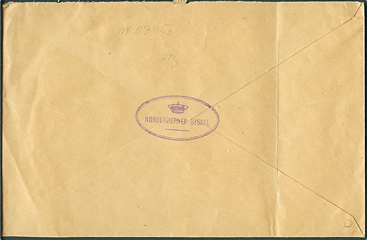 15 øre Karavel på brev stemplet Klaksvig Færøerne d. 29.8.1939 til København. På bagsiden officielt stempel: (krone)/Norderøernes Syssel. Fold.
