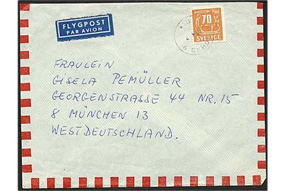 70 öre Helleristninger single på luftpostbrev fra Borås d. 26.4.1957 til München, Tyskland.