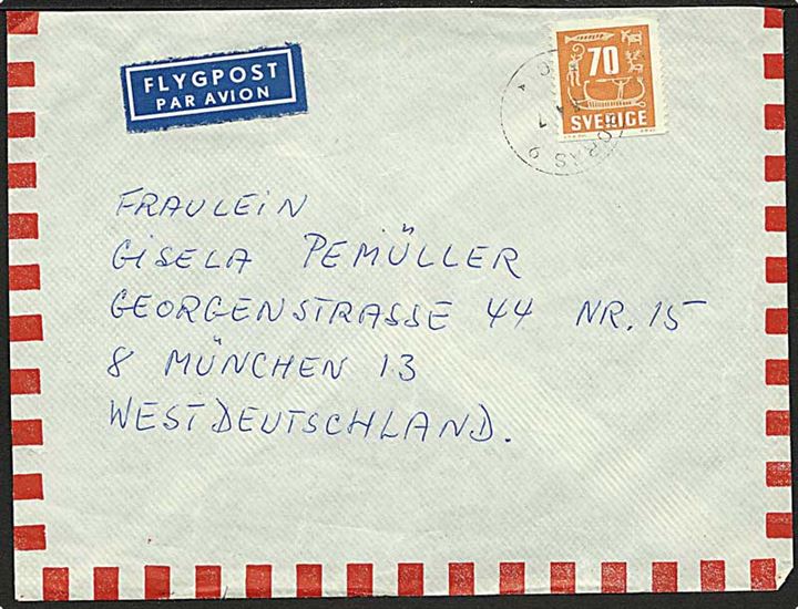 70 öre Helleristninger single på luftpostbrev fra Borås d. 26.4.1957 til München, Tyskland.