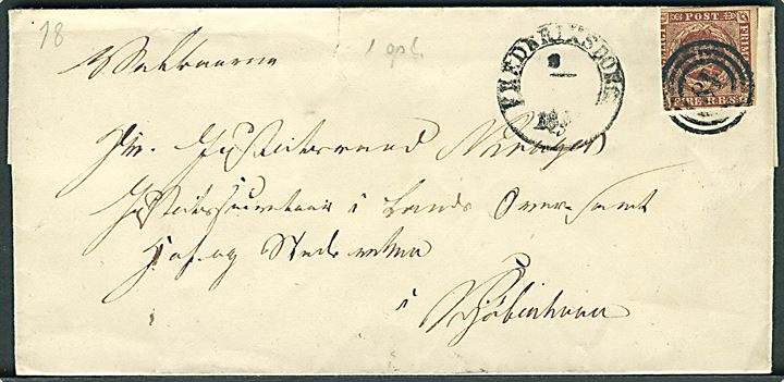 4 R.B.S. Thiele I tæt klippet på brev annulleret med nr.stempel 18 og sidestemplet med 1½ ringsstempel Frederiksborg. ca. 1852 til Kjøbenhavn.