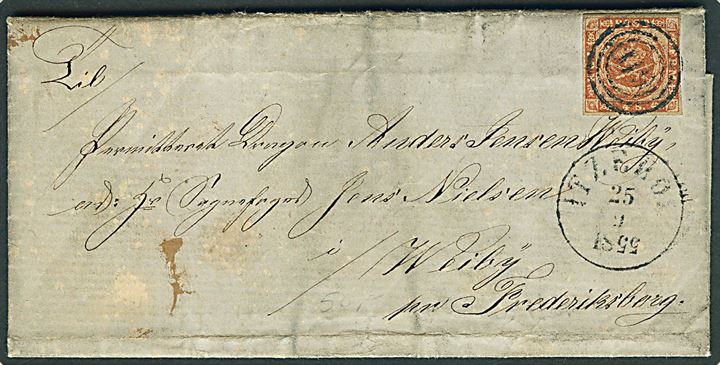 4 sk. 1854 udg. på brev annulleret med nr.stempel 119 og sidestemplet antiqua Itzehoe d. 25.9.1855 (omv. 55 i årstal) til Weiby pr. Frederiksborg. Nusset.