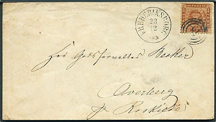 4 sk. stukken kant på brev annulleret med nr.stempel 18 og sidestemplet antiqua Frederiksborg d. 23.12.1863 til Overberg pr. Roeskilde.