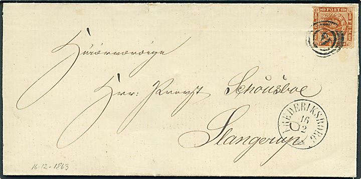 4 sk. stukken kant på brev annulleret med nr.stempel 18 og sidestemplet antiqua Frederiksborg d. 16.12.1863 til Slangerup.