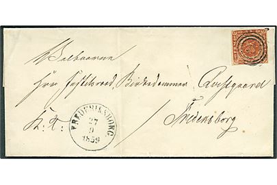 4 sk. 1854 udg. på landpostbrev (kryds under mærke) mærket K.T. annulleret med nr.stempel 18 og sidestemplet antiqua Frederiksborg d. 27.9.1859 til Fredensborg.