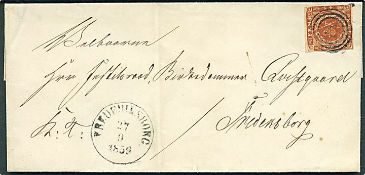 4 sk. 1854 udg. på landpostbrev (kryds under mærke) mærket K.T. annulleret med nr.stempel 18 og sidestemplet antiqua Frederiksborg d. 27.9.1859 til Fredensborg.