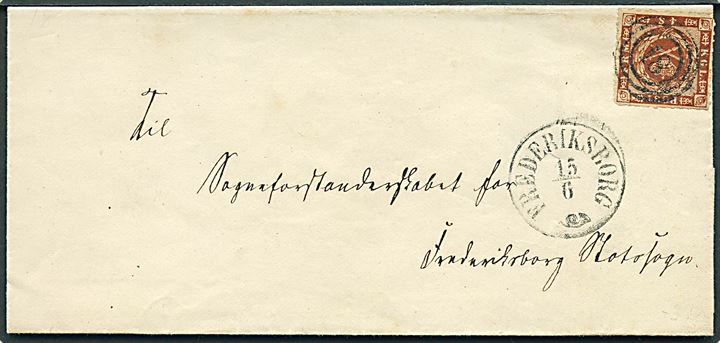 4 sk. stukken kant på brev annulleret med nr.stempel 18 og sidestemplet antiqua Frederiksborg d. 15.6.1863 til Sogneforstanderskabet for Frederiksborg Slotssogn.