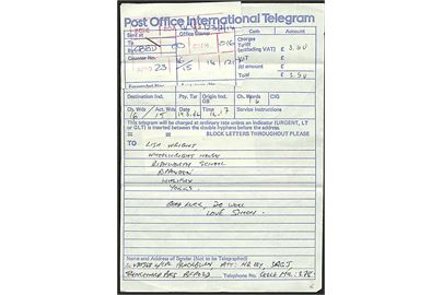 5d (3) og 75d (5) Elizabeth stemplet Field Post Office 1032 d. 14.5.1982 på telegram formular fra britiske styrker i Tyskland (BFPO 23 = Celle) til England.