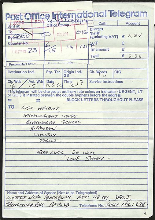 5d (3) og 75d (5) Elizabeth stemplet Field Post Office 1032 d. 14.5.1982 på telegram formular fra britiske styrker i Tyskland (BFPO 23 = Celle) til England.