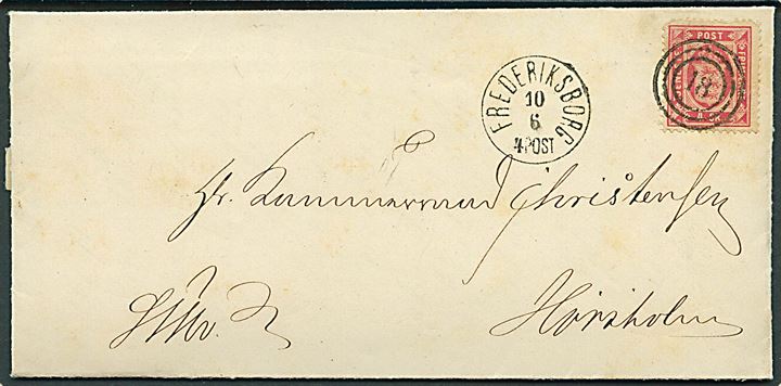 4 sk. Tjenestemærke (kort hj.tak) på brev annulleret med nr.stempel 18 og sidestemplet lapidar Frederiksborg d. 10.6.1873 til Hørsholm.