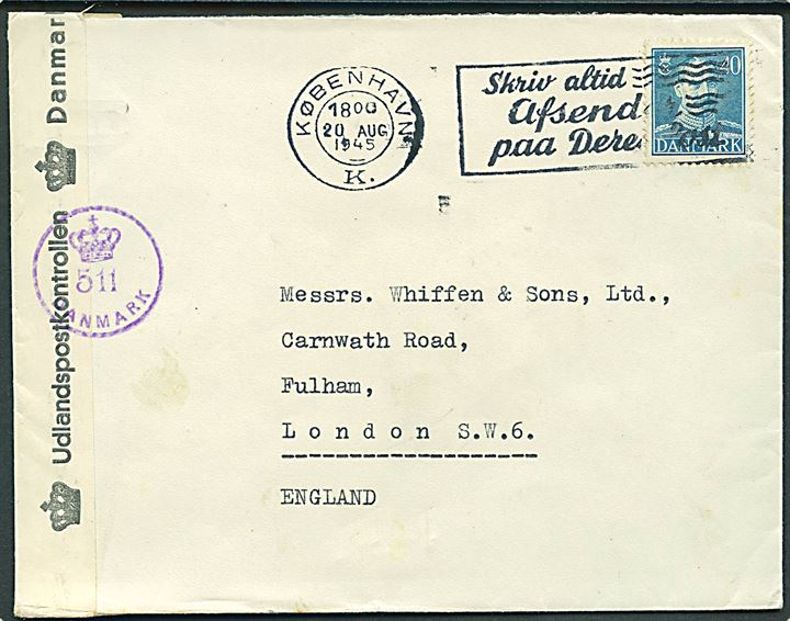 40 øre Chr. X på brev fra København d. 20.8.1945 til London, England. Åbnet af dansk efterkrigscensur (krone)/511/Danmark.