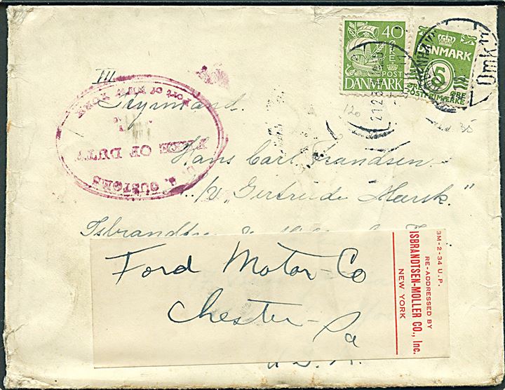 5 øre Bølgelinie og 40 øre Karavel på brev fra København d. 21.2.1934 til sømand ombord på M/S Gertrude Mærsk i New York, USA - eftersendt til Chester, USA. 