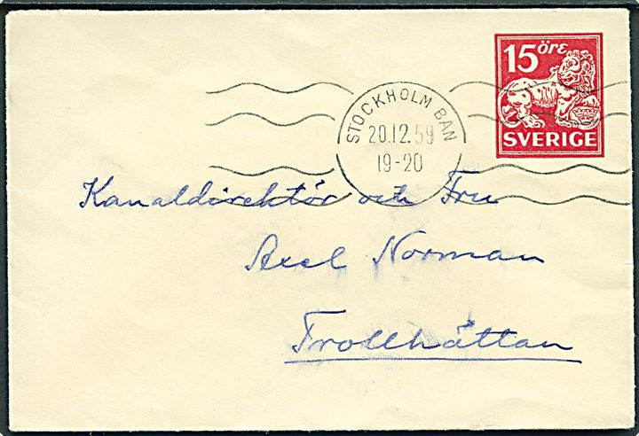 15 öre helsags tryksagskuvert fra Stockholm d. 20.12.19595 til Trollhättan.